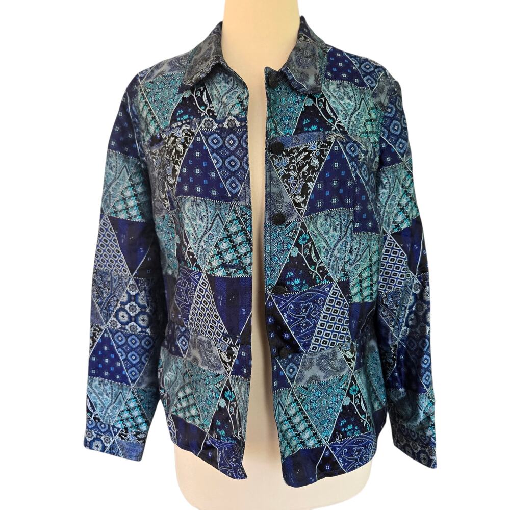 Coldwater Creek Blue Patchwork Print Jacket Size Medium